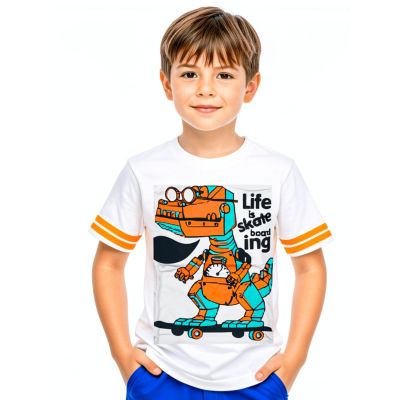 Urbnyard Boys Skate Dino Print T-Shirt, White