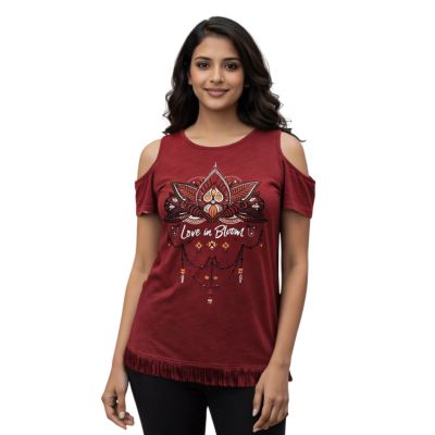 Urbnyard Women’s Cold-Shoulder Graphic T-Shirt – Love in Bloom, Maroon