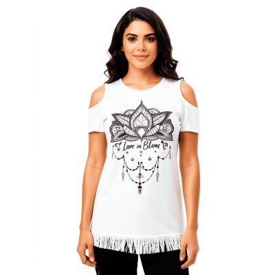 Urbnyard Women’s Cold-Shoulder Graphic T-Shirt – Love in Bloom, White