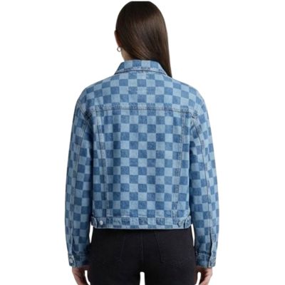 Urbnyard Women Utility Denim Jacket – Relaxed Fit, Blue Check