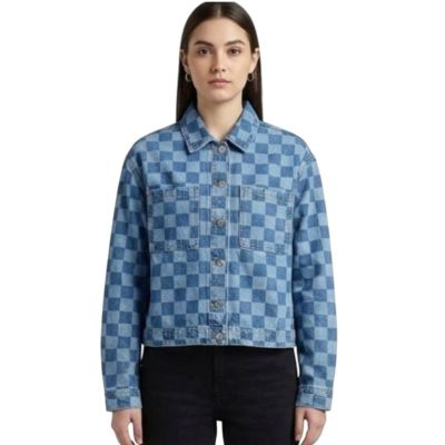 Urbnyard Women Utility Denim Jacket – Relaxed Fit, Blue Check