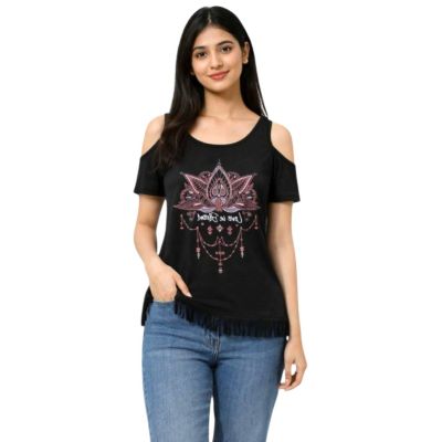 Urbnyard Women’s Cold-Shoulder Graphic T-Shirt – Love in Bloom, Black