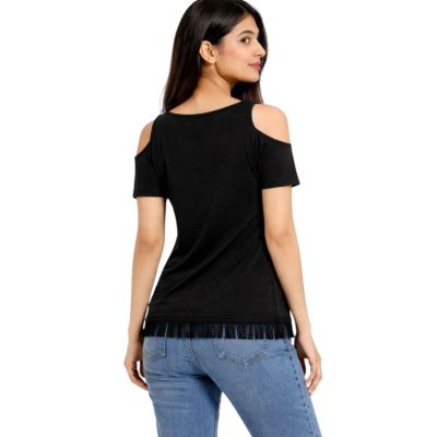 Urbnyard Women’s Cold-Shoulder Graphic T-Shirt – Love in Bloom, Black